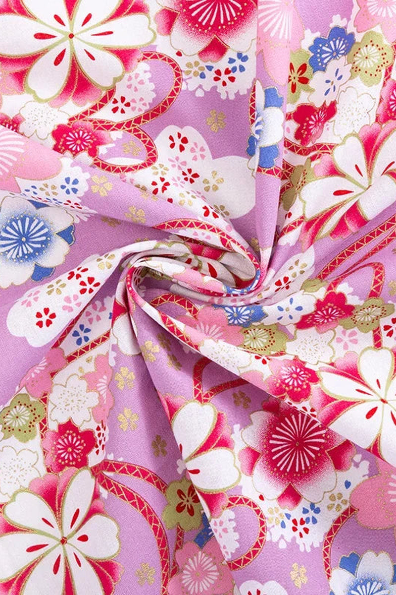 Lilac Sakura Furoshiki Fabric 'Sakurayume' – lilac furoshiki printed with cherry blossom, small blue flowers and gold, Japanese furoshiki wrapping cloth 50 by 145 cm, close-up of the print
