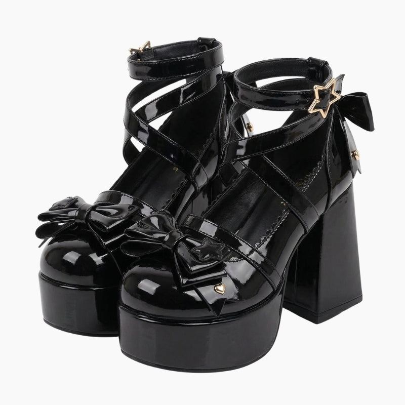 Lolita Shoes 'Yamiko' – black patent platform Mary Jane shoes with crossed ankle straps, bows and star buckle, Japanese lolita shoes, studio view