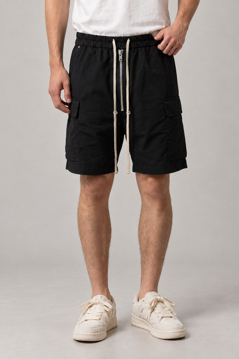 Long Black Cargo Shorts 'Kurokage' – long black cargo shorts with drawstring waist and side pockets, Japanese streetwear shorts, front view on model