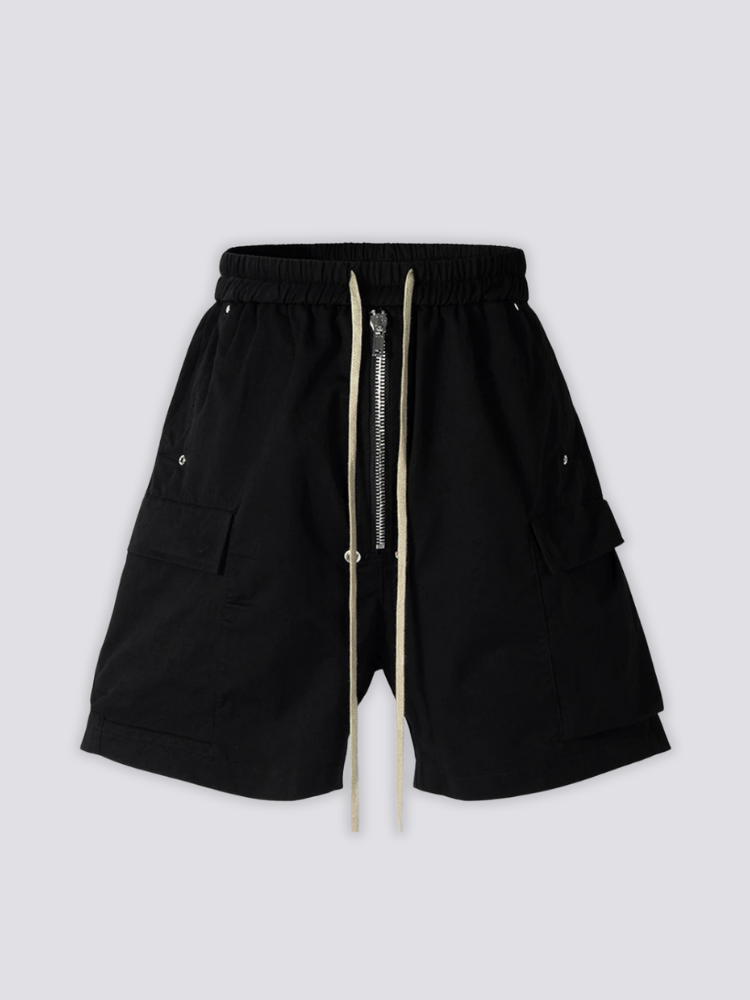 Long Black Cargo Shorts 'Kurokage' – flat lay front view of the long black cargo shorts