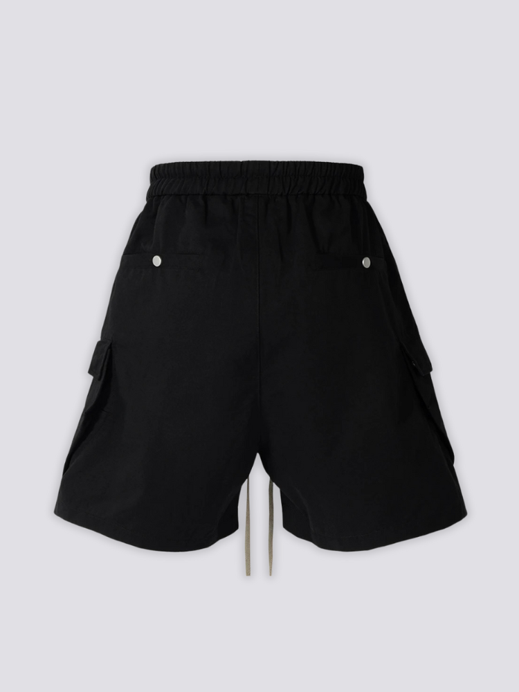 Long Black Cargo Shorts 'Kurokage' – flat lay back view of the long black cargo shorts