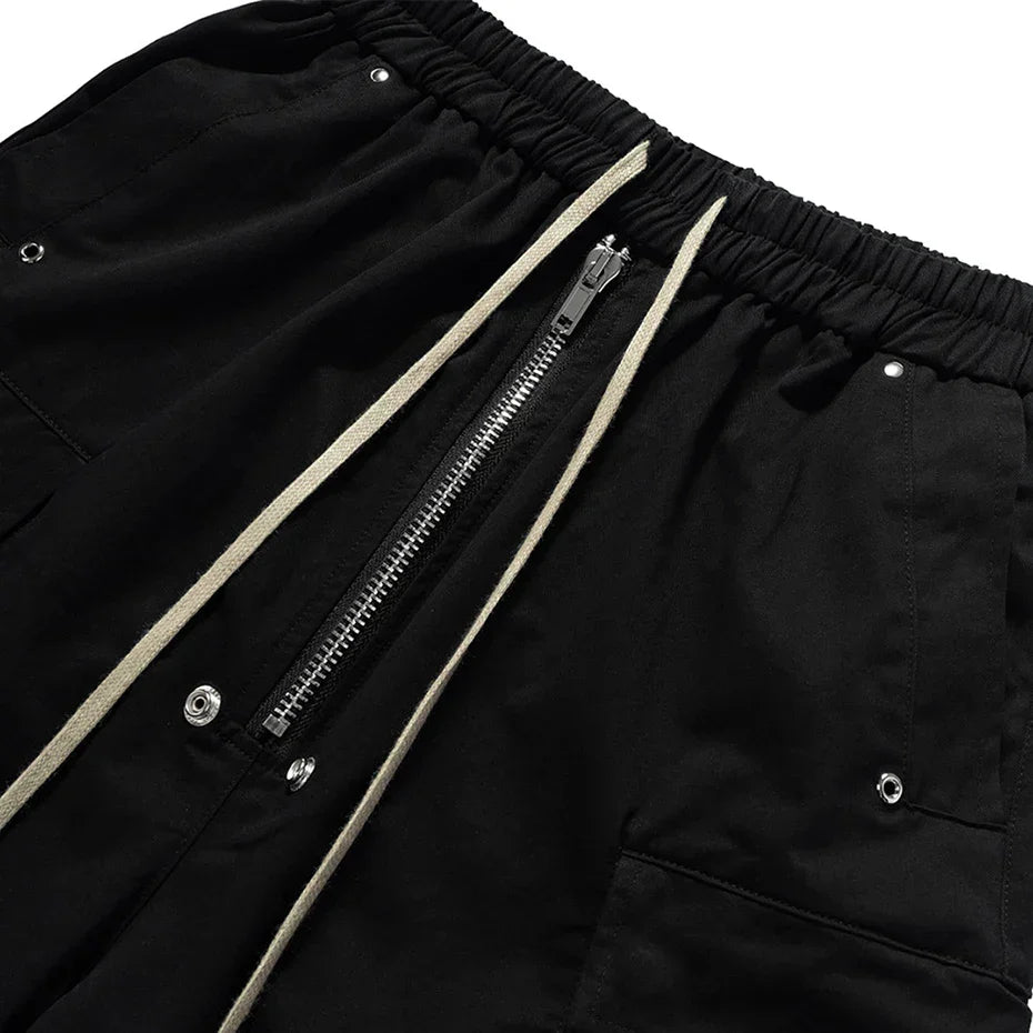 Long Black Cargo Shorts 'Kurokage' – close-up detail of the drawstring waist and cargo pocket