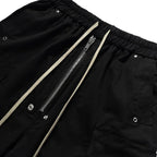 Long Black Cargo Shorts 'Kurokage' – close-up detail of the drawstring waist and cargo pocket