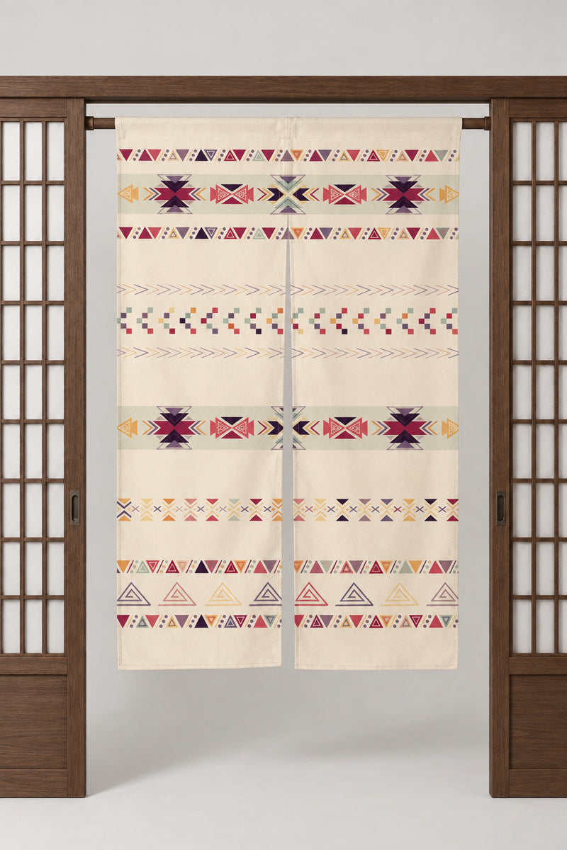 Long Geometric Noren Curtain 'Kasuri' – cream noren with bands of geometric pattern in red, plum and gold, split Japanese noren door curtain hung on a rod between sliding screens, studio view
