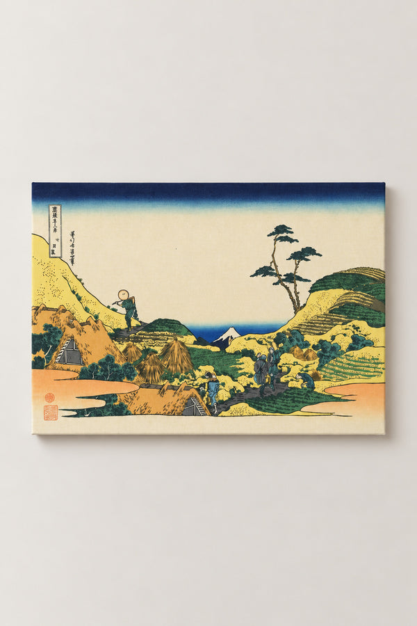 Lower Meguro Fields Poster 'Shimomeguro' – Lower Meguro, farmers and hawkers on green hills from Hokusai's Thirty-six Views of Mount Fuji, ukiyo-e canvas print on wooden frame, Japanese wall art, studio view