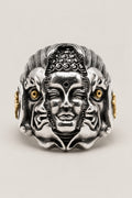 Many Faces Ring 'Kannon' – sterling silver ring of a serene Kannon face flanked by two smaller faces with gold eyes, Japanese Buddhist ring, studio view