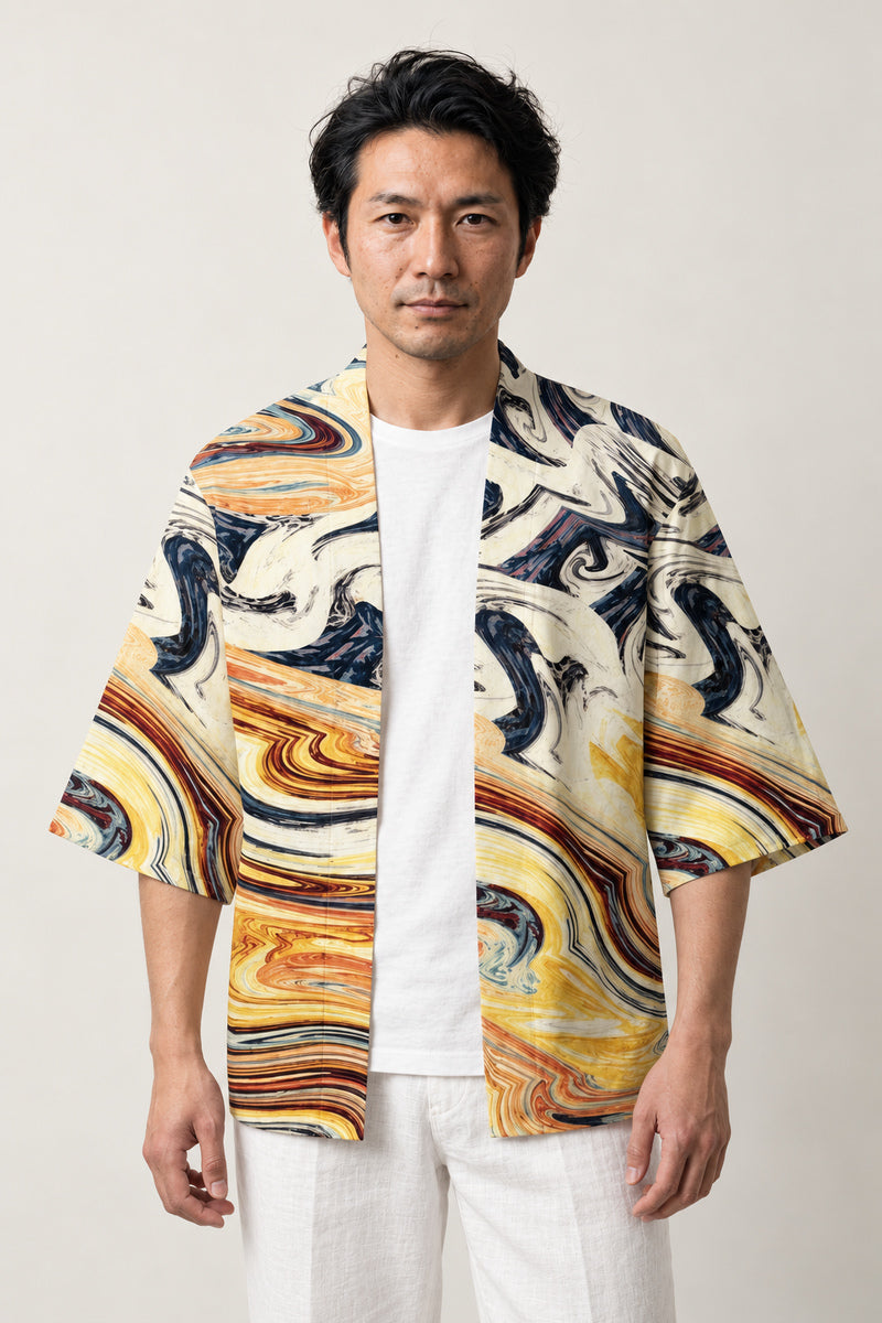 Marbled Haori Kimono Jacket 'Ryusui' – cream haori jacket with gold, blue and black marbled flowing water print, unisex Japanese kimono style cardigan, front view on model