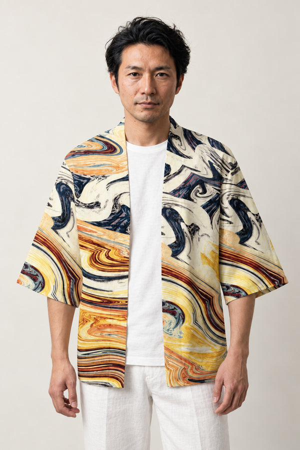 Marbled Haori Kimono Jacket 'Ryusui' – cream haori jacket with gold, blue and black marbled flowing water print, unisex Japanese kimono style cardigan, front view on model