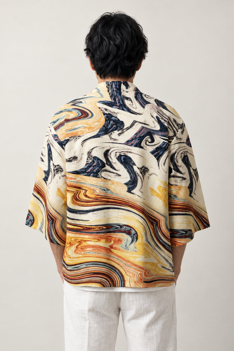 Marbled Haori Kimono Jacket 'Ryusui' – back view of cream haori showing the marbled ink flowing water print