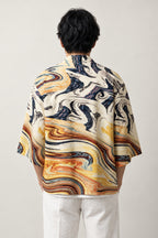 Marbled Haori Kimono Jacket 'Ryusui' – back view of cream haori showing the marbled ink flowing water print