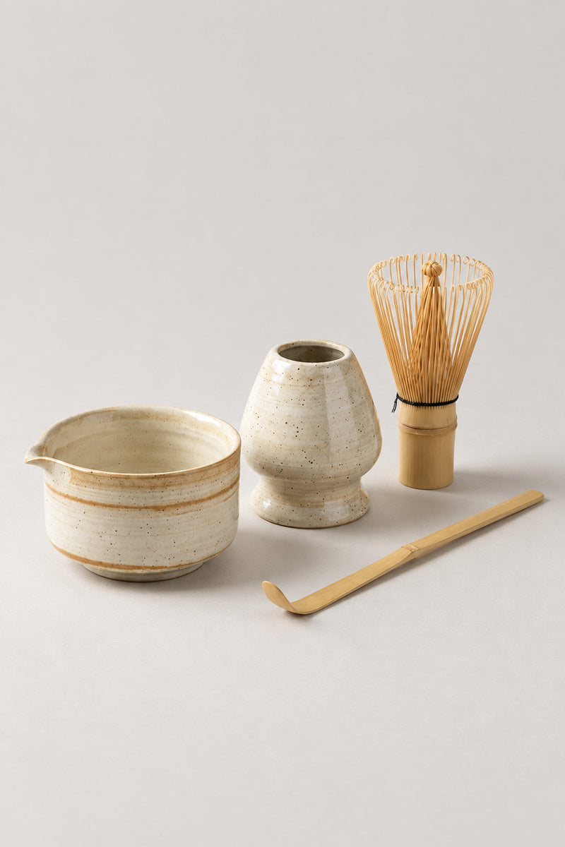 Matcha Set 'Chasen' – white speckled stoneware matcha bowl with pouring lip, bamboo whisk, whisk stand and scoop, Japanese tea ceremony set, studio view
