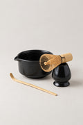 Matcha Set 'Chasen' – matte black stoneware matcha bowl with pouring lip, bamboo whisk, whisk stand and scoop, Japanese tea ceremony set, studio view