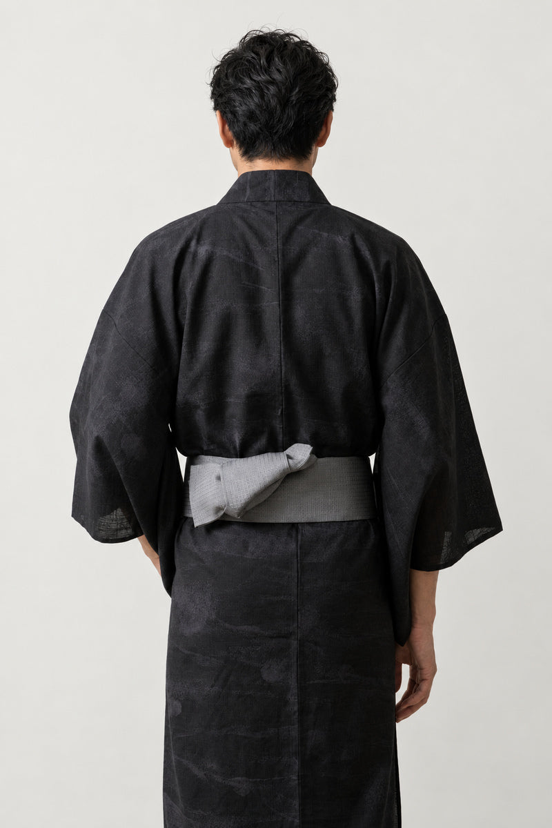 Men's All Black Kimono 'Kurokumo' – back view of all black men's kimono with grey obi