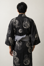 Men's Black Wave Yukata 'Shiranami' – back view of black wave crest print men's yukata with obi