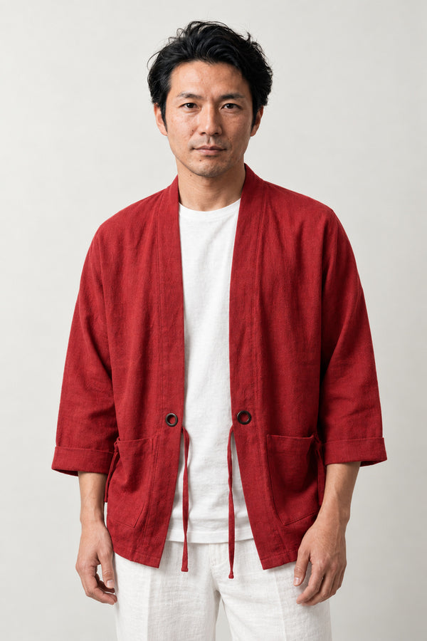 Men's Brick Kimono Jacket 'Benigara' – brick red men's kimono jacket with front tie and patch pockets, Japanese noragi haori style cardigan, front view on model