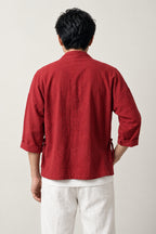 Men's Brick Kimono Jacket 'Benigara' – back view of brick red kimono jacket with side ties, men's Japanese work jacket