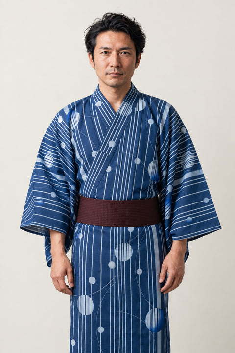 Men's Bright Blue Yukata 'Minamo' – bright blue striped men's yukata with white dot print and dark red obi belt, Japanese kimono robe, front view on model