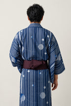 Men's Bright Blue Yukata 'Minamo' – back view of bright blue striped men's yukata with obi
