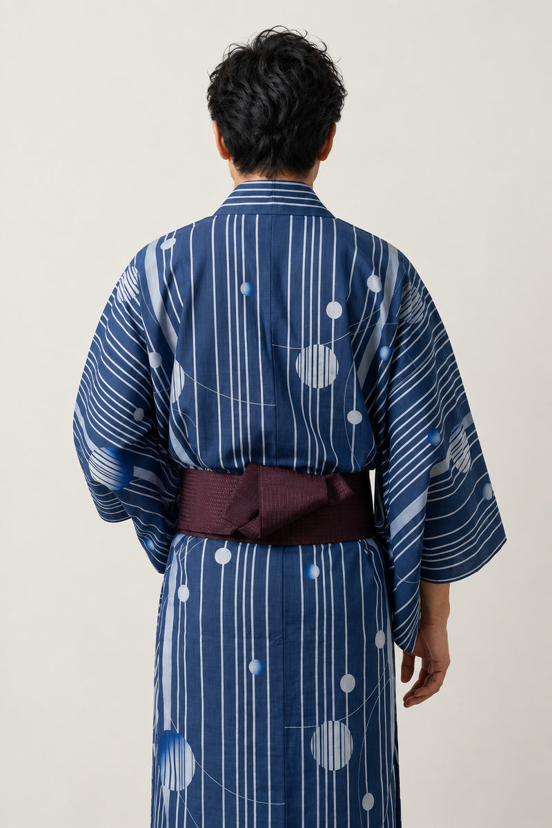 Men's Bright Blue Yukata 'Minamo' – back view of bright blue striped men's yukata with obi