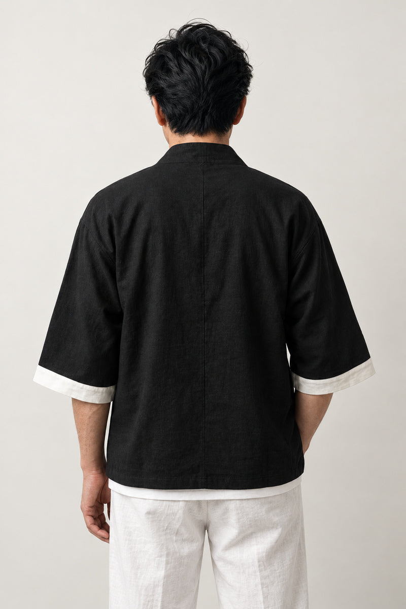 Men's Contrast Trim Kimono Jacket 'Fuchidori' – back view of black kimono jacket with white trim, men's Japanese cardigan