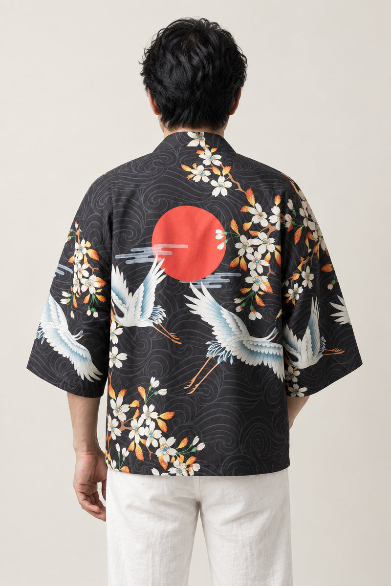 Men's Crane and Sun Kimono Jacket 'Asayake' – back view of black kimono jacket with red rising sun and flying cranes print