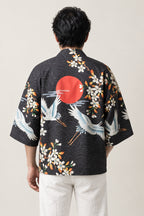 Men's Crane and Sun Kimono Jacket 'Asayake' – back view of black kimono jacket with red rising sun and flying cranes print