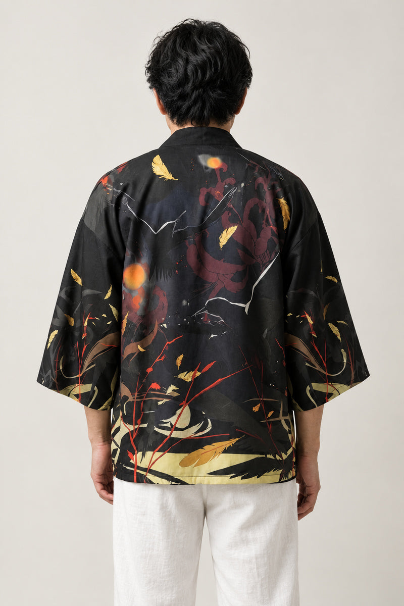 Men's Ember Print Kimono Jacket 'Hinoko' – back view of black Japanese kimono jacket with floating ember print, men's kimono cardigan