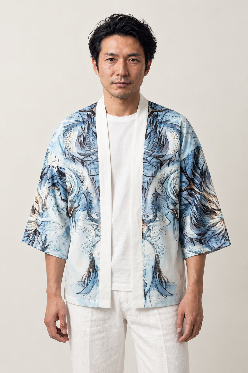 Men's Frost Dragon Kimono Jacket 'Soryu' – white and ice blue men's kimono jacket with frost dragon print, Japanese haori style cardigan, front view on model
