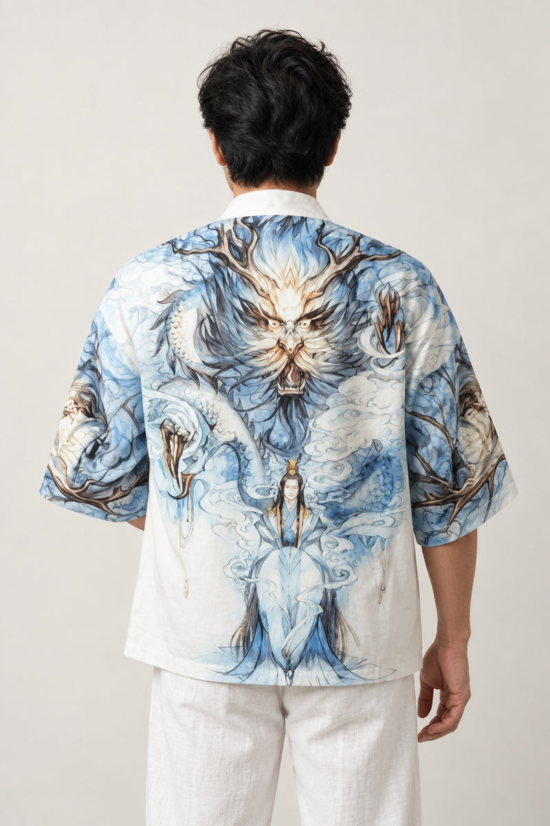Men's Frost Dragon Kimono Jacket 'Soryu' – back view of white kimono jacket showing the full blue frost dragon print