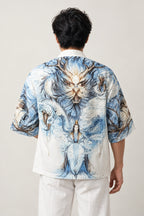 Men's Frost Dragon Kimono Jacket 'Soryu' – back view of white kimono jacket showing the full blue frost dragon print
