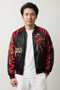 Men's Gold Dragon Bomber Jacket 'Hanaryu' – black and burgundy men's sukajan with embroidered gold dragon and flowers, Japanese sukajan souvenir bomber jacket, front view on model
