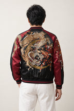 Men's Gold Dragon Bomber Jacket 'Hanaryu' – back view of burgundy sukajan showing the embroidered gold dragon