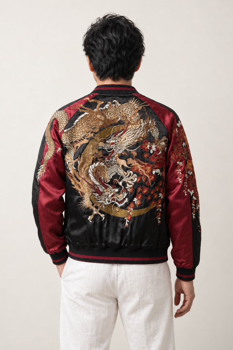 Men's Gold Dragon Bomber Jacket 'Hanaryu' – back view of burgundy sukajan showing the embroidered gold dragon