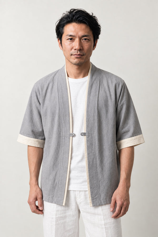 Men's Grey Cream Trim Kimono Jacket 'Usuzumi' – grey men's kimono jacket with cream contrast trim and toggle, Japanese noragi haori style cardigan, front view on model