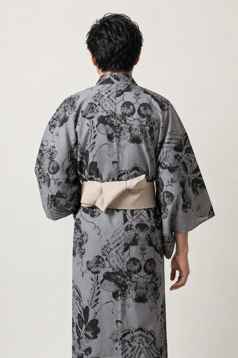 Men's Grey Floral Yukata 'Sumibana' – back view of grey floral print men's yukata with obi