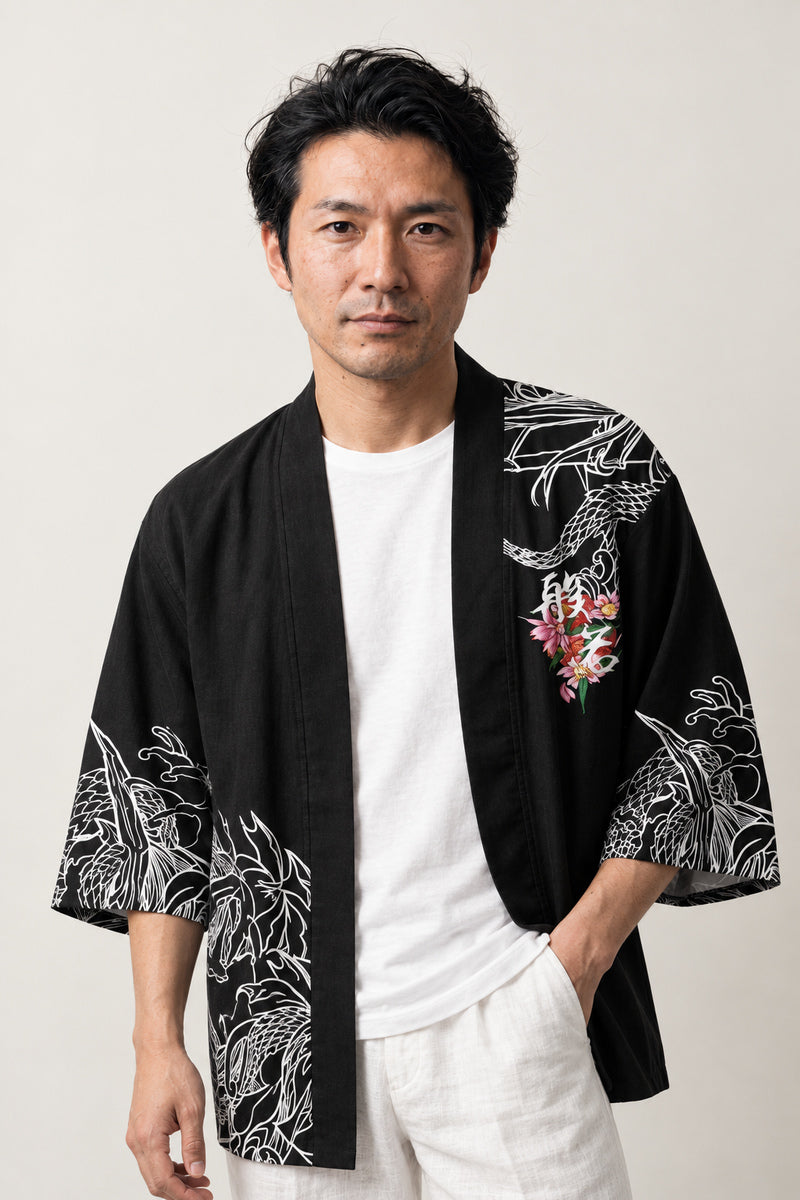 Men's Hannya Haori Jacket 'Kijo' – black men's haori jacket with white line hannya mask and dragon print, Japanese kimono style cardigan, front view on model