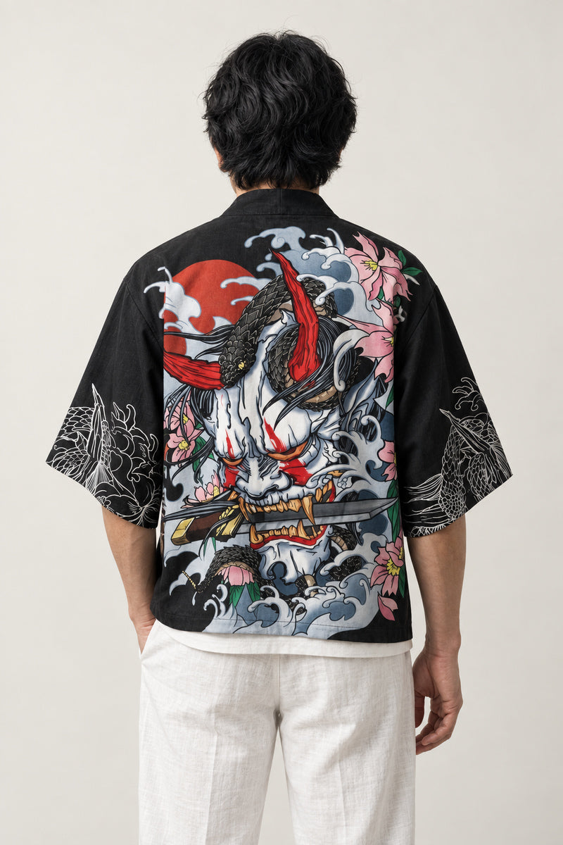 Men's Hannya Haori Jacket 'Kijo' – back view of black haori showing the red hannya mask, dragon and waves print