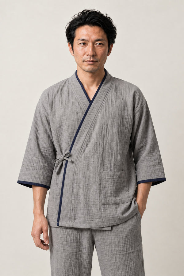 Men's Heather Grey Jinbei 'Kon-en' – heather grey men's jinbei with navy trim, two-piece Japanese jinbei set with side-tie top and shorts, front view on model