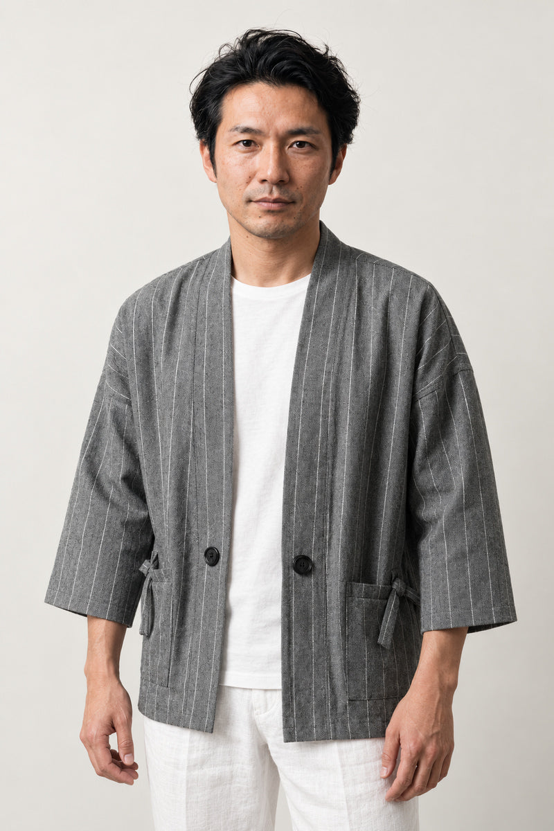 Men's Heather Grey Kimono Jacket 'Ginnezu' – heather grey men's kimono jacket with pinstripe and front buttons, Japanese haori style cardigan, front view on model