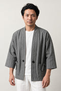Men's Heather Grey Kimono Jacket 'Ginnezu' – heather grey men's kimono jacket with pinstripe and front buttons, Japanese haori style cardigan, front view on model