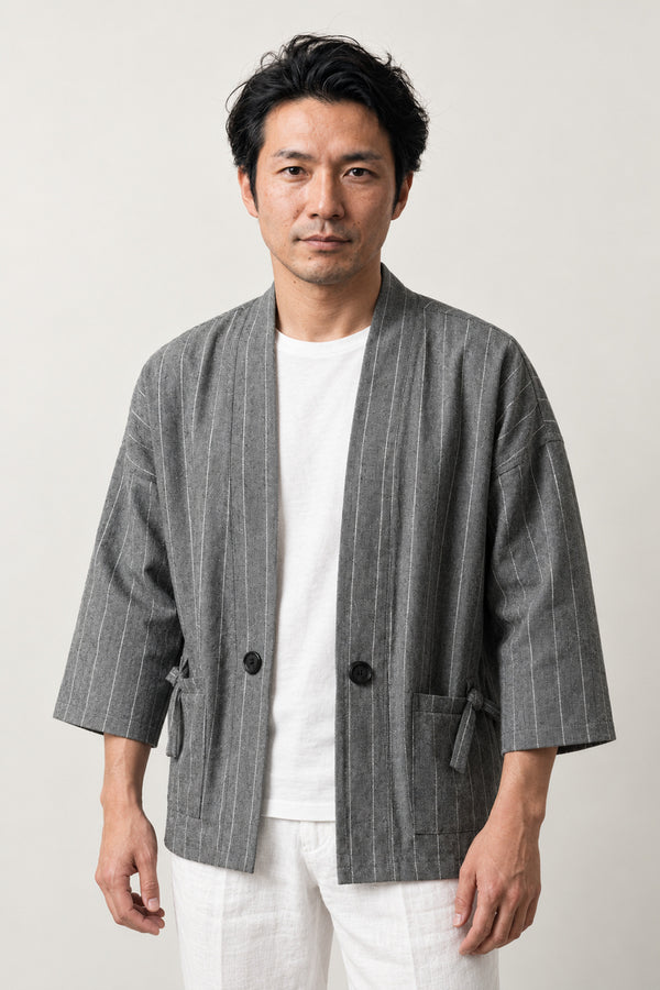 Men's Heather Grey Kimono Jacket 'Ginnezu' – heather grey men's kimono jacket with pinstripe and front buttons, Japanese haori style cardigan, front view on model