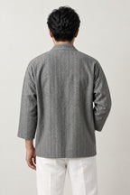 Men's Heather Grey Kimono Jacket 'Ginnezu' – back view of heather grey pinstripe kimono jacket, men's kimono cardigan