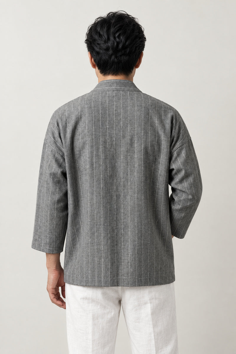 Men's Heather Grey Kimono Jacket 'Ginnezu' – back view of heather grey pinstripe kimono jacket, men's kimono cardigan