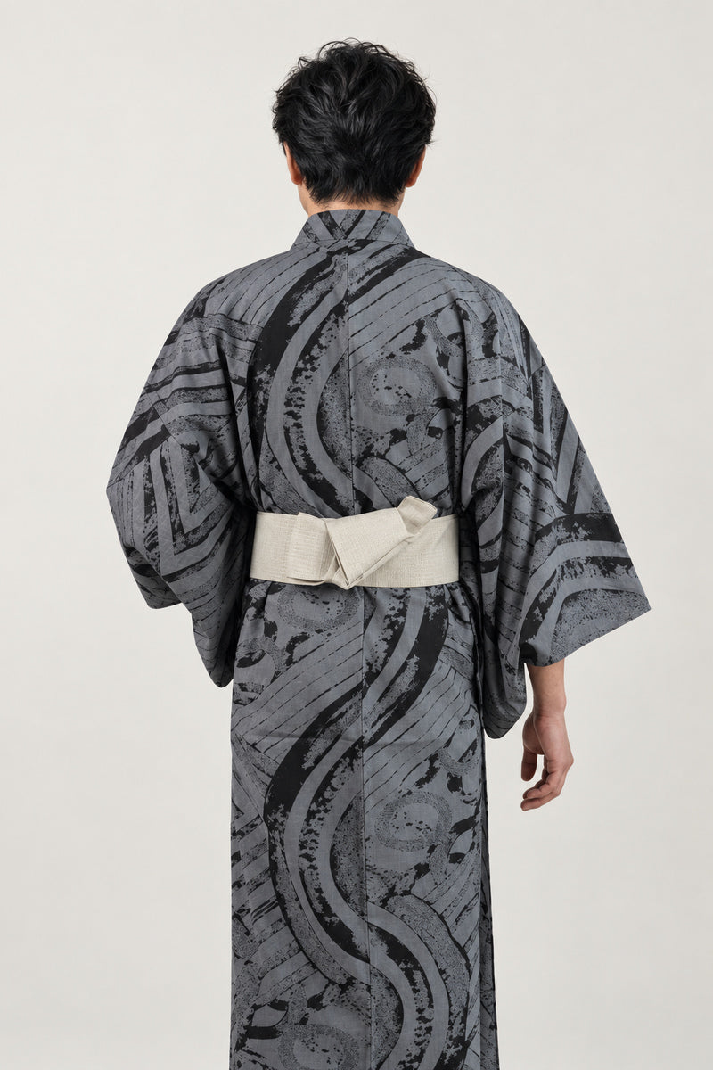 Men's Ink Wash Kimono 'Bokuseki' – back view of grey ink wash print men's kimono with obi belt