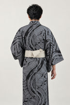Men's Ink Wash Kimono 'Bokuseki' – back view of grey ink wash print men's kimono with obi belt
