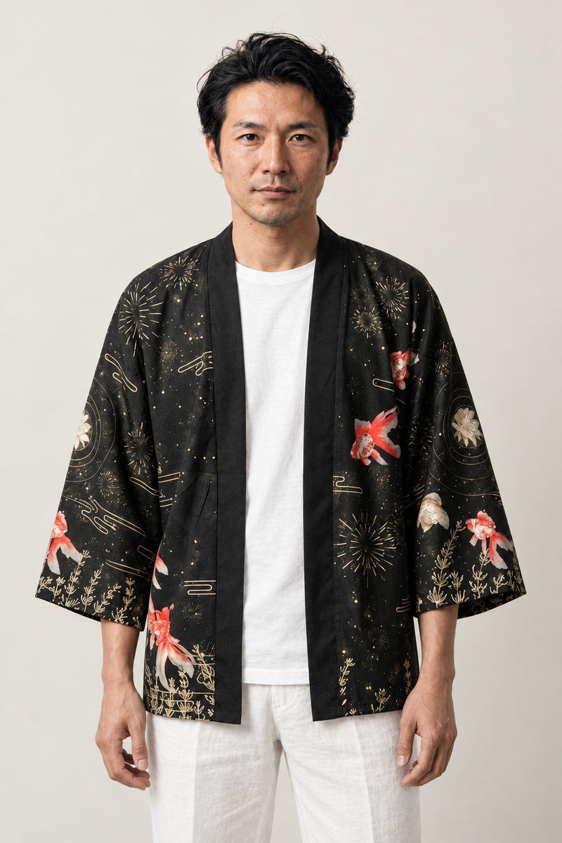 Men's Koi and Lotus Kimono Jacket 'Natsuyo' – black men's kimono jacket with red koi carp and lotus print, Japanese haori style cardigan, front view on model