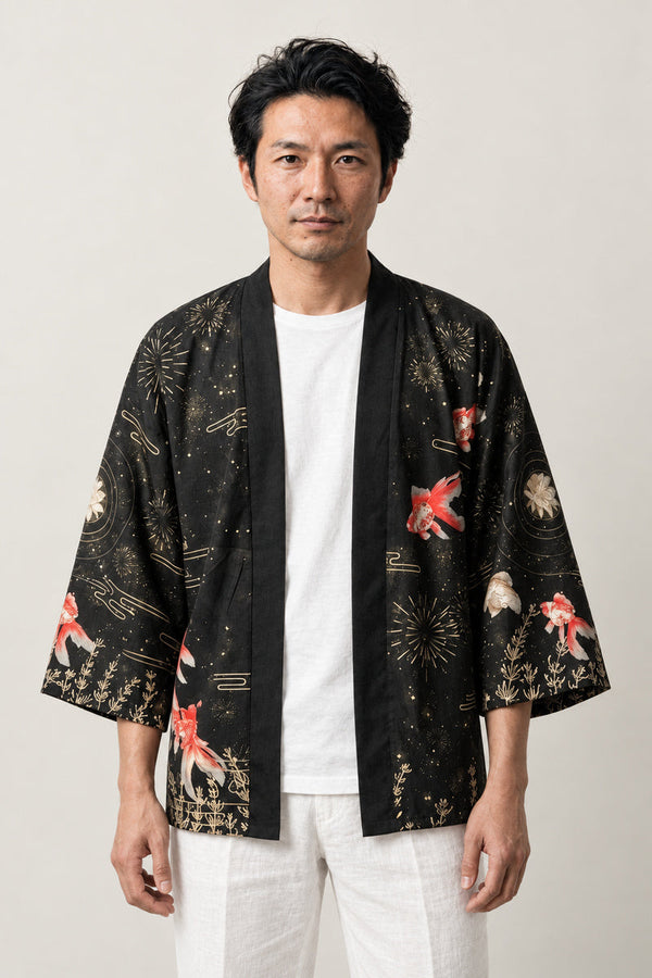 Men's Koi and Lotus Kimono Jacket 'Natsuyo' – black men's kimono jacket with red koi carp and lotus print, Japanese haori style cardigan, front view on model