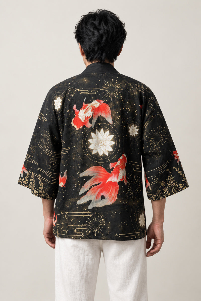 Men's Koi and Lotus Kimono Jacket 'Natsuyo' – back view of black Japanese kimono jacket with koi fish and lotus flower print