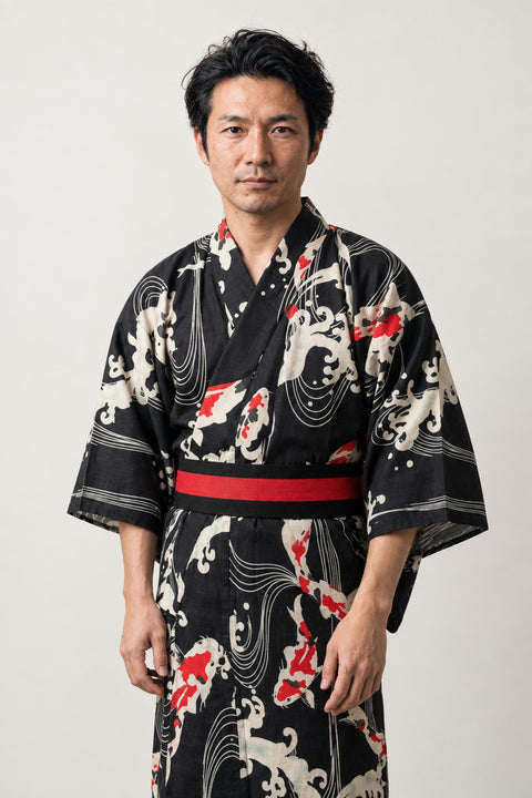 Men's Koi Carp Yukata 'Kohaku' – black men's yukata with red and white koi carp and wave print and red obi belt, Japanese kimono robe, front view on model