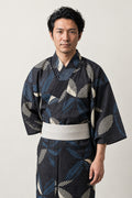 Men's Large Leaf Kimono 'Hiroha' – black men's kimono with large blue leaf print and cream obi belt, Japanese yukata robe, front view on model